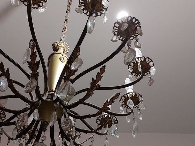 Pregiato lampadario vintage fine anni 50 In metallo dorato  con 12 punti luce - Foto 9