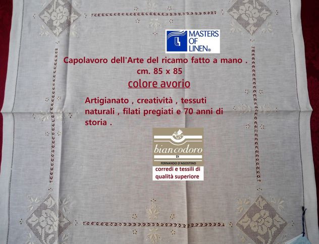 tovaglia centro tavolo lino ricamo a mano quadrato avorio - Foto 3