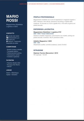 CV MAGAZZINIERE MULETTISTA PROFESSIONALE - 20€ - Pronto in 1 ora