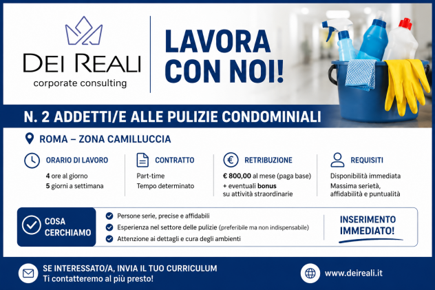 ADDETTI/E ALLE PULIZIE CONDOMINIALI – ROMA (ZONA CAMILLUCCIA) - Foto 2