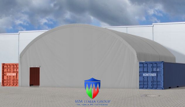 Coperture su container cantieri edili 12 x 12 x 7,10 con chiusure ambo i timpani