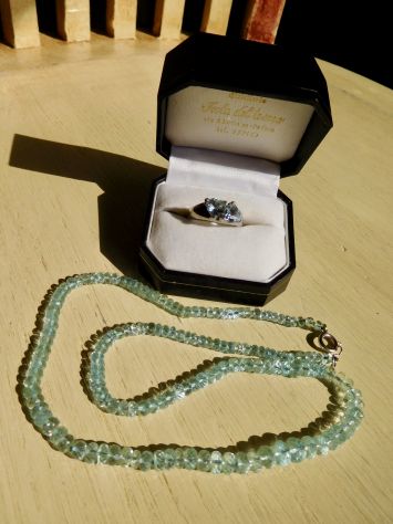 Collana + Anello Acquamarina chius.oro 18K,anello con 2 acquamarine