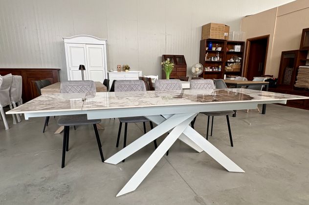 NUOVO TAVOLO 160x90 ALL. 240x90 PIANO VETRO CERAMICA GAMBE FERRO BIANCO - Foto 8
