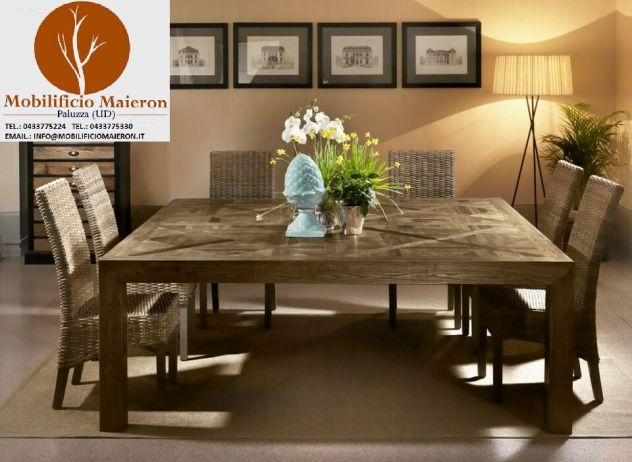 Mobili Rustici Tavolo Quadrato in legno vecchio di olmo 200x200 Cod.12032Q
