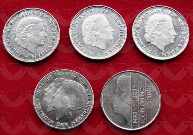 NEDERLAND 1970-1982 lotto di 5 monete 2,1/2 Gulden - Foto 2