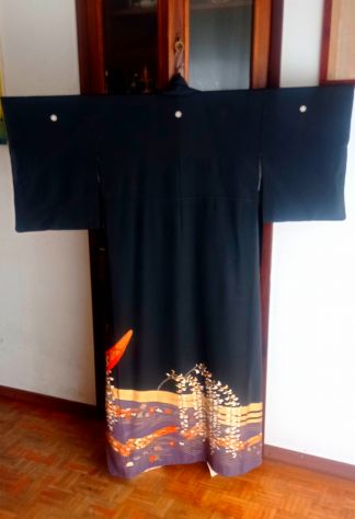 Kimono Kurotomesode autentico in seta con 5 stemmi" - Foto 2