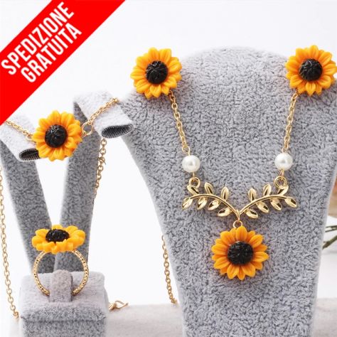 GIOIELLI GIRASOLE SET COLLANA + ORECCHINI + ANELLO + BRACCIALE ORO/ARGENTO/ROSA