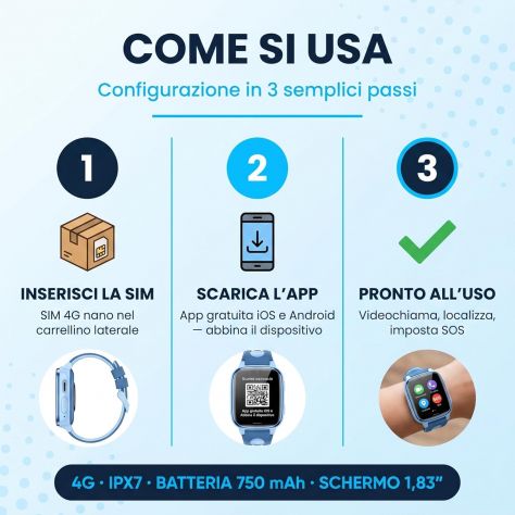 Smartwatch bambini 4G SIM SOS videochiamata GPS LBS WiFi scuola AZZURRO - Foto 8