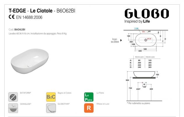 LAVABO D’APPOGGIO GLOBO “Le Ciotole” 60x36 cm con PILETTA e MISCELATORE - Foto 6