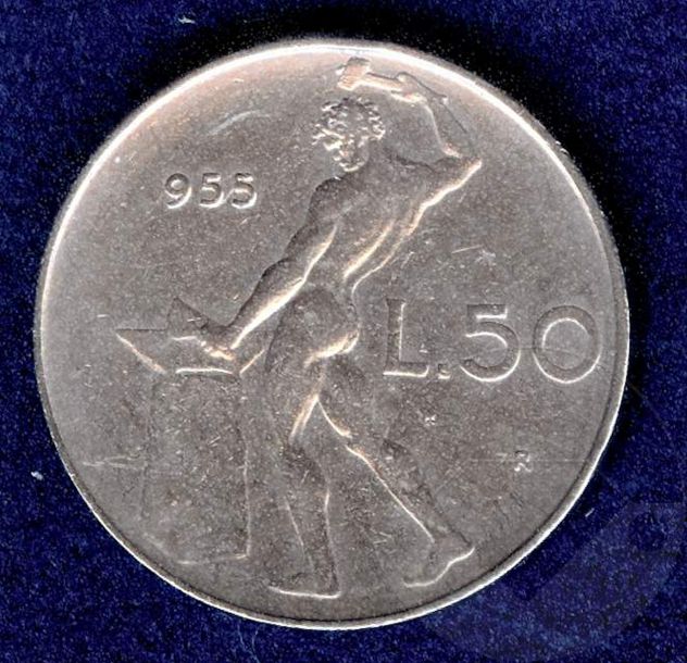 ITALIA 1955 Moneta 50 Lire R3 - manca "1" nella data