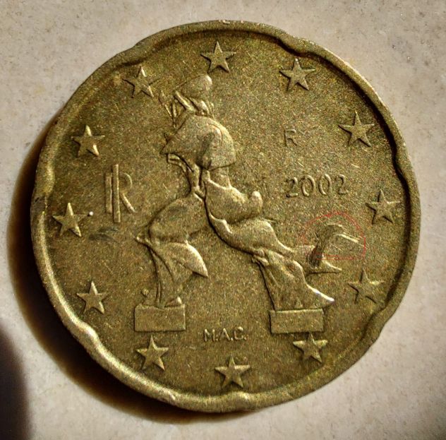 MONETA 20 CENTESIMI ITALIA ANNO 2002 CON ERRORE DI CONIO