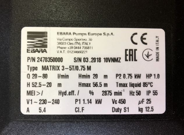 ELETTROPOMPA CENTRIFUGA MULTISTADIO ORIZZONTALE Matrix 3-5T/0.75 M Ebara - Foto 2