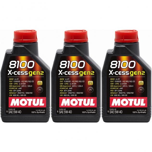 Massimizza le prestazioni del tuo veicolo con il set da 3 MOTUL 8100 X-CESS GEN2 5W-40. Olio sintetico ad alte prestazioni per motori benzina e diesel