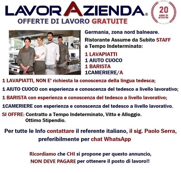 Ristorante assume da subito staff a tempo indeterminato