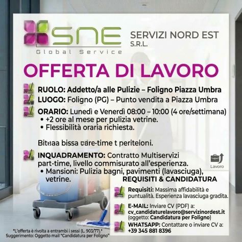 ADDETTO/A ALLE PULIZIE – FOLIGNO (Piazza Umbra)