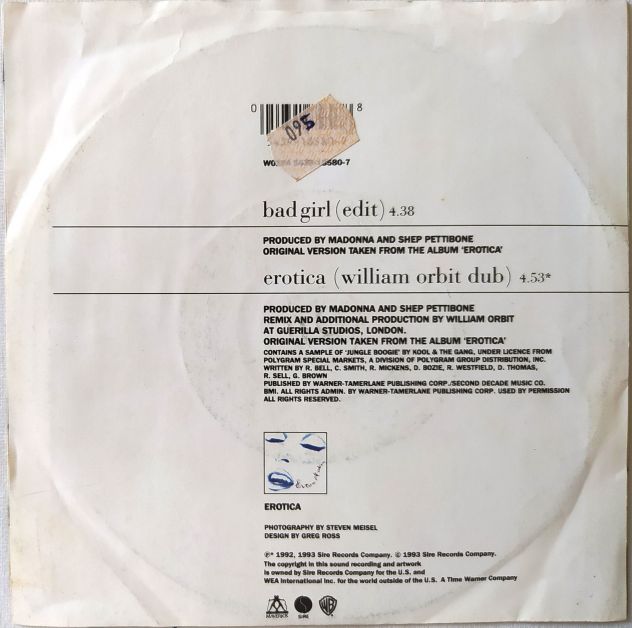 Madonna -Bad Girl (side 1) Erotica (side 2) -45 rpm-1992 e 1993 - Foto 2