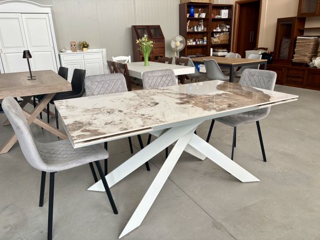 NUOVO TAVOLO 160x90 ALL. 240x90 PIANO VETRO CERAMICA GAMBE FERRO BIANCO - Foto 7