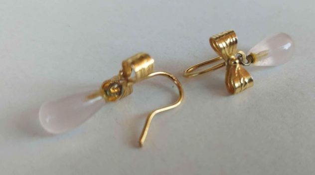 Orecchini a goccia, in quarzo rosa montatura ad amo, con fiocchetto in argento - Foto 2
