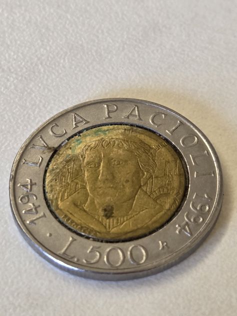 Numismatica moneta bimetallica 1994, 500 lire rep. it. 500° nascita L. Pacioli