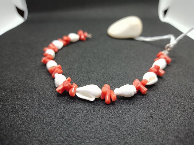 Bracciale ak257, Argento 925 rodiato, Corallo, Conchiglie - Nuovo