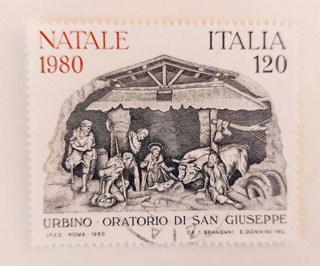 Francobollo da 120 L. - Presepe.Urbino Oratorio San Giuseppe di Federico Brandan