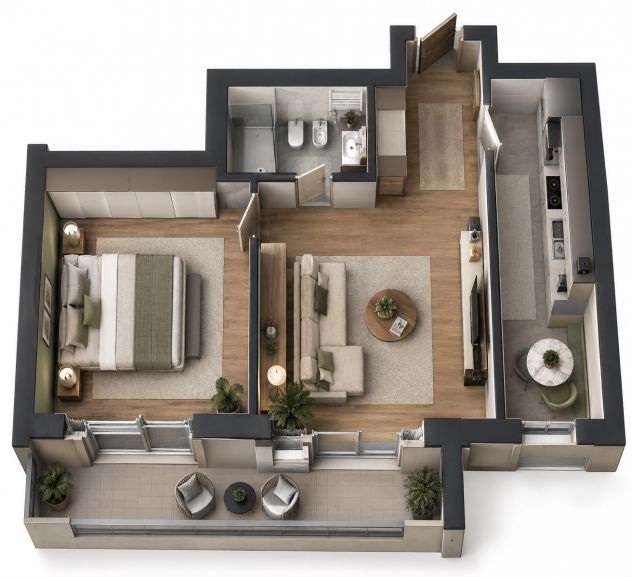 ampio bilocale con balcone e posto auto incluso