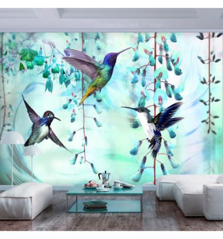 Fotomurale Adesivo Con 3 Colibrì. Sfondo Verde. Arredalacasa