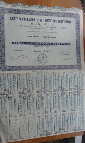 SOCIETE D'APPLICATIONS ET DE FABRICATIONS INDUSTRIELLES - S.A.F.I. ACTION DE 350 - Foto 2