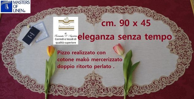 CENTRO OVALE RICAMO A MANO LINO PIZZO CANTU' AVORIO cm. 90 x 45 - Foto 4