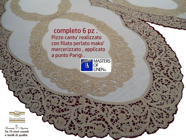 CENTRI LINO PIZZO TOMBOLO E CANTU' RICAMO A MANO COMPLETO 6 PEZZI