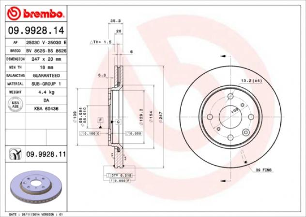 Disco Freno Brembo 09992814 Citroen, Toyota