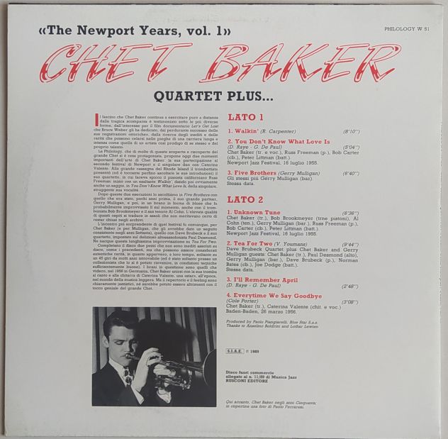 CHET BAKER-The Newport Years Vol 1-Ed Rusconi Musica Jazz-Reg del 1955-LP 1989 - Foto 4
