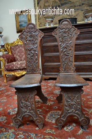Coppia di antichi sgabelli-scranni stile Neorinascimentale - Foto 7