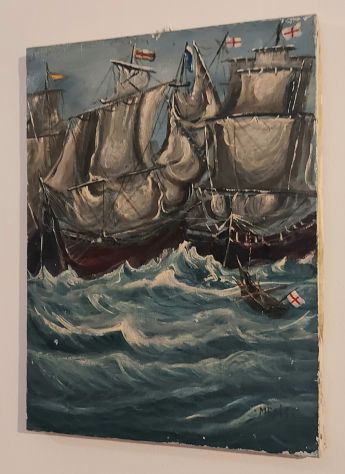 SPLENDIDO QUADRO AD OLIO "CARAVELLE NELLA TEMPESTA" PITTORE MEDIS 40X30CM. - Foto 2