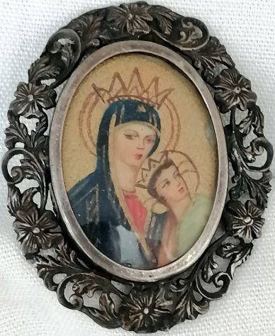 ANTICA SPILLA IN ARGENTO CON MINIATURA SFONDO ORO MADONNA CON BAMBINO, 1800. - Foto 4