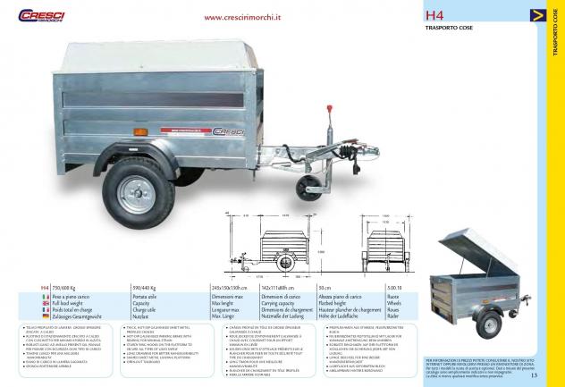 Rimorchio Cresci H4 750/600 Kg cm142x111x80H con freni - Foto 2