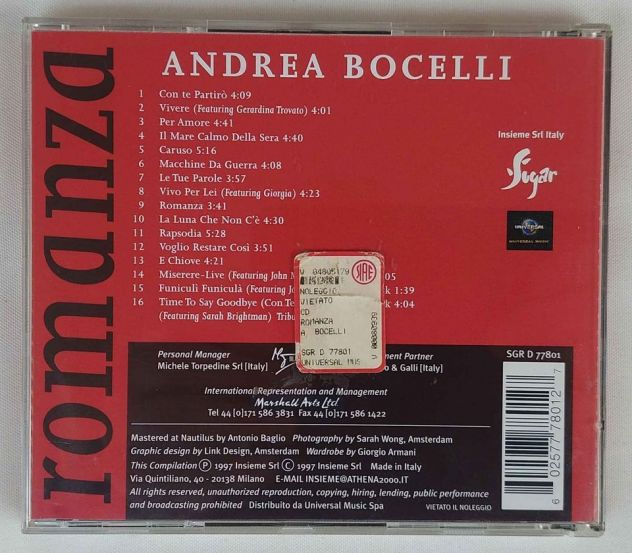 CD Andrea Bocelli Romanzo Etichetta: Sugar – SGR D 77801 uscita 1996 - Foto 3