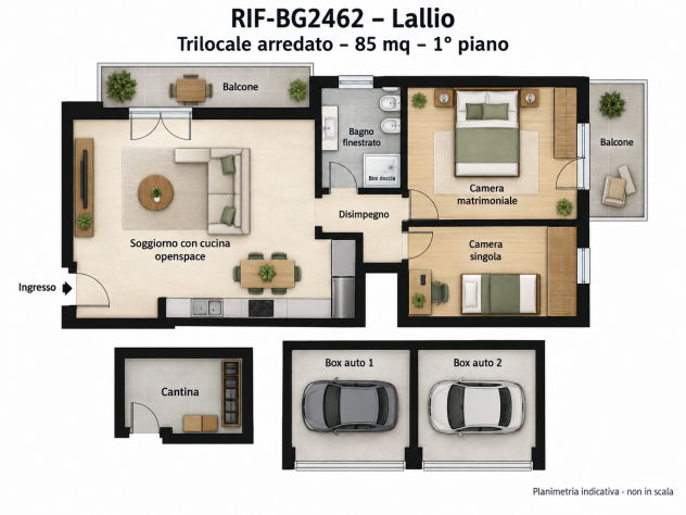 Lallio con due camere due balconi e due box auto