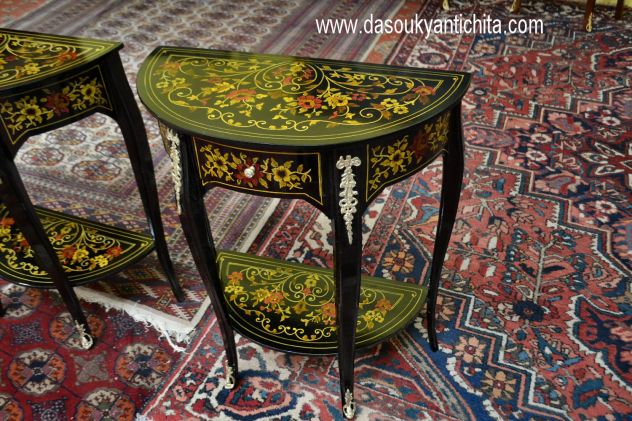 Coppia di tavolini – console ebanizzati mezzo giro stile Luigi XV - Foto 9