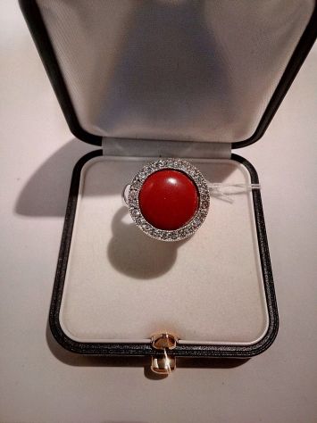Anello ak384, Argento 925 rodiato, Corallo, Zirconia cubica, misura 16