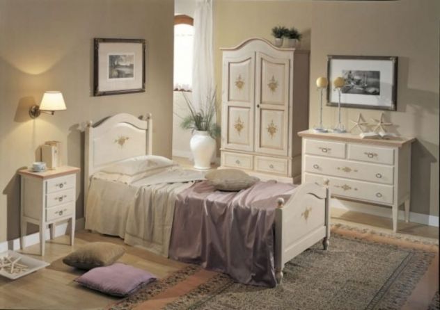 ARREDO CAMERA SHABBY LETTO SINGLOLO ARMADIO COMO' 1 COMODINO LACCATO BIANCO ANTI