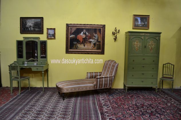 Toiletta con sedia stile Luigi XVI laccata verde salvia anni 50 - Foto 8