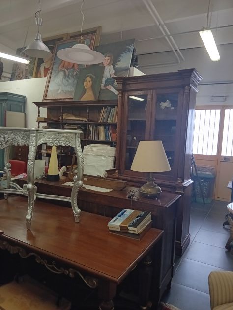 CREDENZA LIBRERIA DOPPIO CORPO DI ANTIQUARIATO FRANCESE IN STILE IMPERO DI NOCE - Foto 7