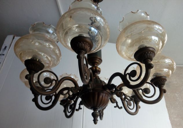 Lampadario in ottone e Vetro inciso 8 lampadine - Foto 4