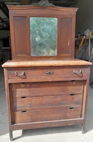 Cassettone Comò Specchiera Antico in legno con piano di pietra