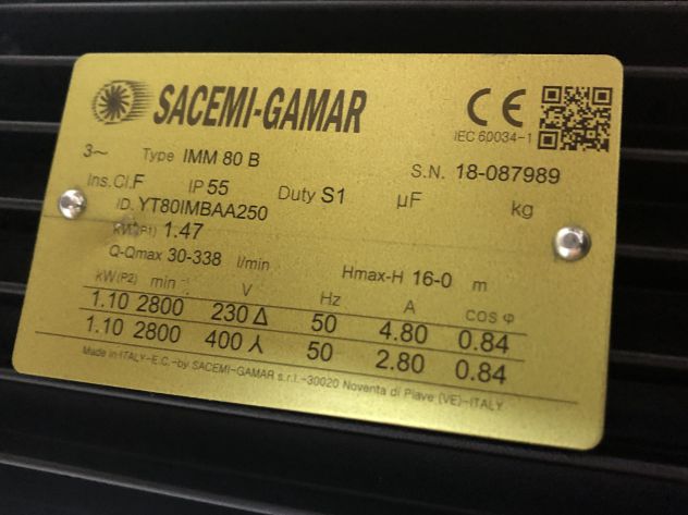 ELETTROPOMPA v230/400 SACEMI PER MACCHINE UTENSILI SERIE IMM 80 B - Gambo 250 - Foto 2