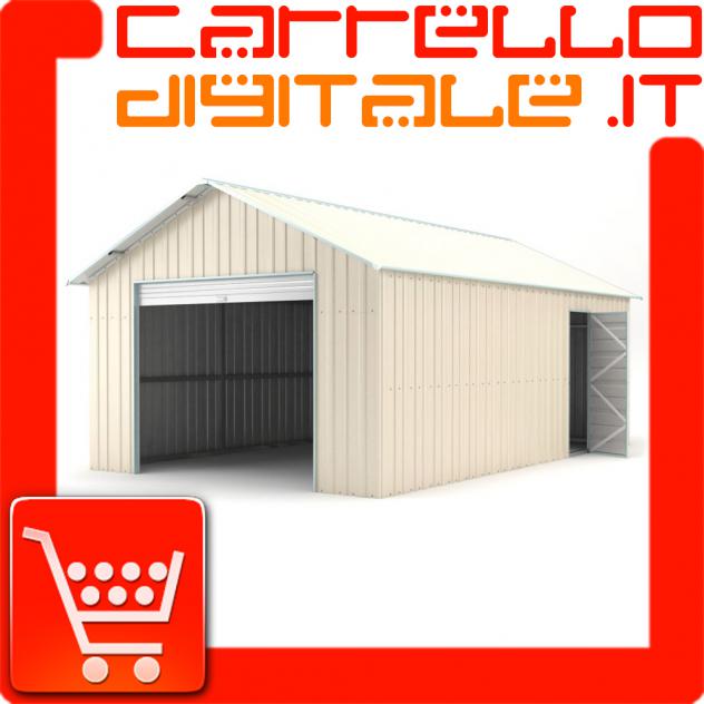 Box prefabbricato, casetta da giardino in lamiera zincata. Capanno ricovero attrezzi o deposito/garage auto in Acciaio 4.38 x 7.21 m x h3.24 m - Peso