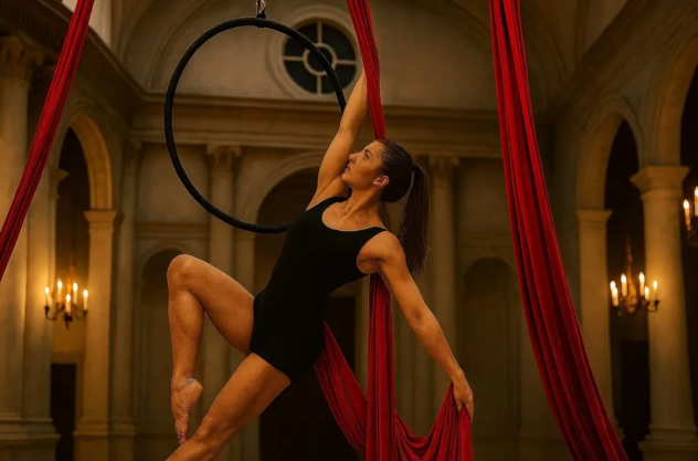 danza acrobatica sospesa Spettacolo di arte del circo su tessuti aerei