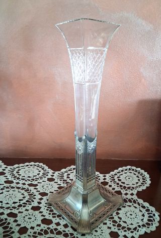 Vaso a tromba primi '900 in vetro con montatura in lega metallo con marchio , - Foto 3