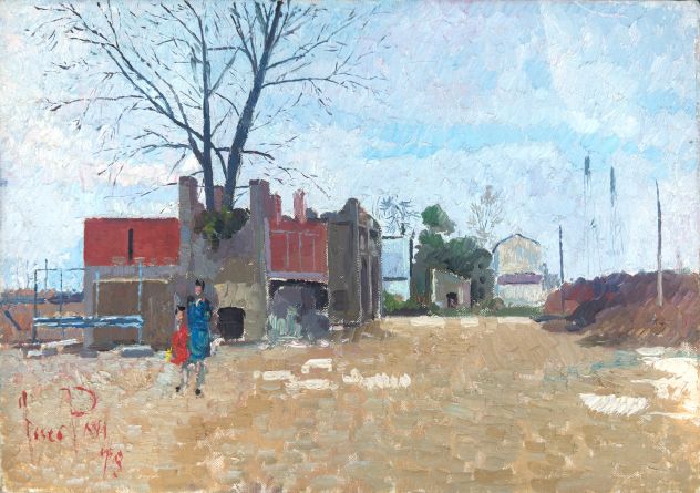 Fosco Pavi pittore quadro olio su tela Paesaggio con figure